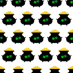 Pot of gold with clover leaves vector seamless pattern background for St.Patrick's Day.