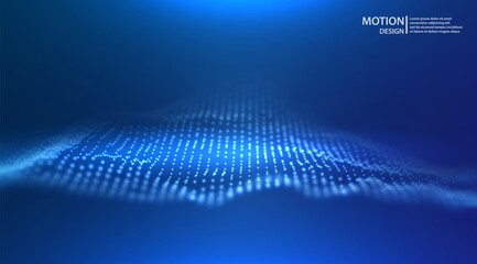 Wave of blue particles. Abstract technology flow background. Sound mesh pattern or grid landscape. Digital data structure consist dot elements. Future vector illustration.