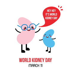 Vector illustration, card with couple of cartoon style kidney characters for World Kidney Day. Kidney diseases awareness.