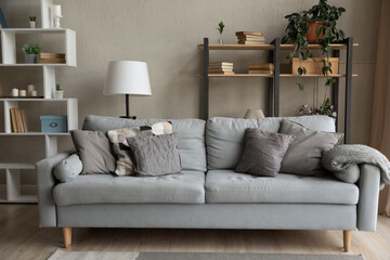 Empty cozy living room with comfortable grey sofa in modern renovated rent home. Comfy couch with no people in new house or apartment. Interior design, rental, real estate concept.