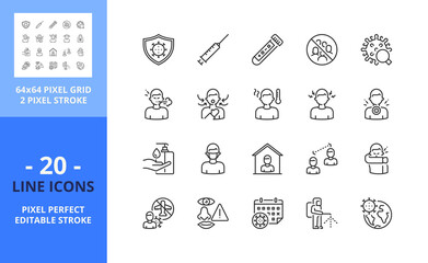 Fototapeta premium Line icons about 2019-nCoV. Health care concept. Pixel perfect 64x64 and editable stroke
