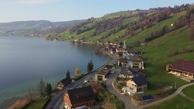 Aerial footage of the Morgarten village by lake Aegeri in Canton Zug in Switzerland. 