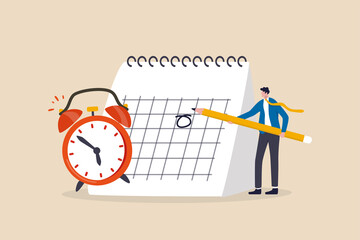 Schedule business appointment, important date, working project plan or reminder concept, smart businessman using pencil to mark important appointment date on calendar with alarm clock.
