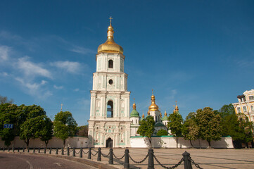 Fototapeta na wymiar The famous ancient St. Sophia Cathedral and it's bell tower in Kiev. Сapital of Ukraine. UNESCO World Heritage monument of architecture in the territory of Ukraine. Space for text.