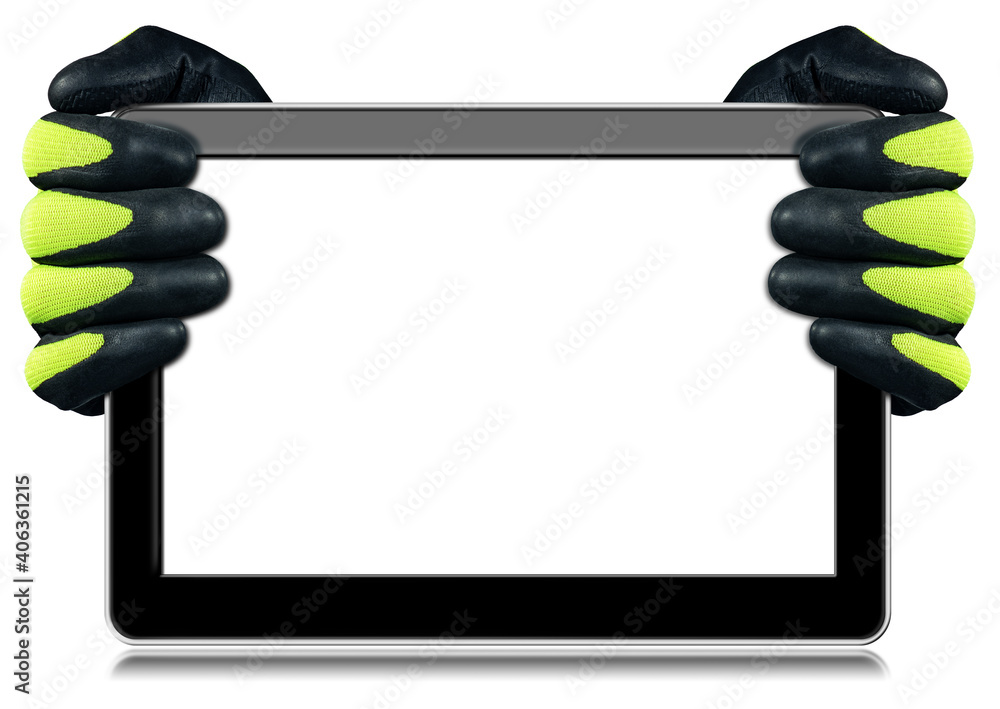 Poster two hands with work gloves showing an empty digital tablet, isolated on white background with copy s
