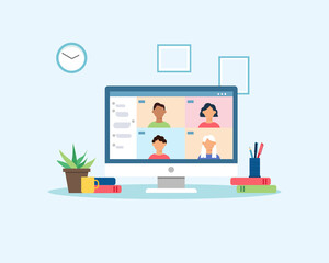 People meeting or learning online with video conference. Group of people connecting together virtually via internet. Video call. Work from home concept. Colorful vector illustration in flat style.