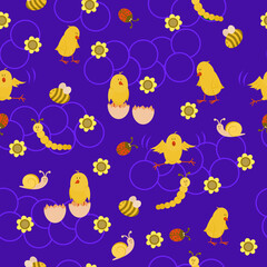 Seamless Pattern with small chickens Vector seamless pattern with images of chick, eggshells, caterpillar, ladybug, snail, flower and bee on a blue background.