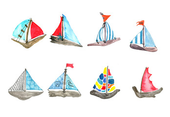 Watercolor set of ships and colorful sail boats isolated on white background