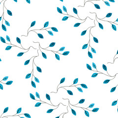 WAtercolor absract seamless pattern with blue leaves isolated on white