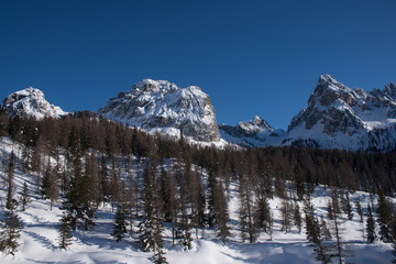 un bel panorama innevato di montagna, le dolomiti coperte dalla neve