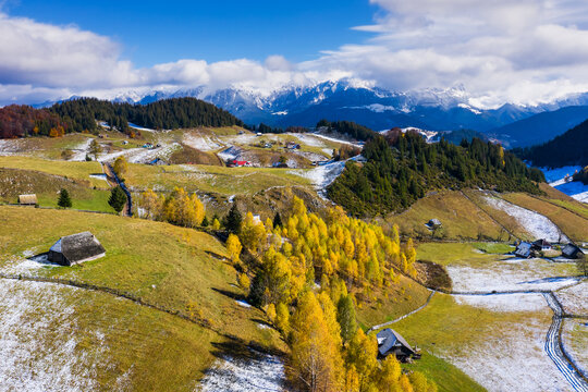 Brasov, Romania. Autumn in Fundata Village. Rural landscape in the Carpathians, Romania.