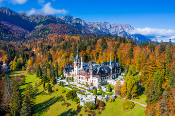 Peles castle in autumn. Sinaia, Prahova county, Romania.