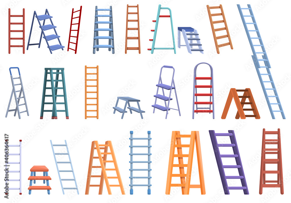 Poster step ladder icons set. cartoon set of step ladder vector icons for web design