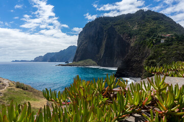 Majestic view from Miradouro do Guindaste with high cliffs facing the atlantic ocean, Madeira Island