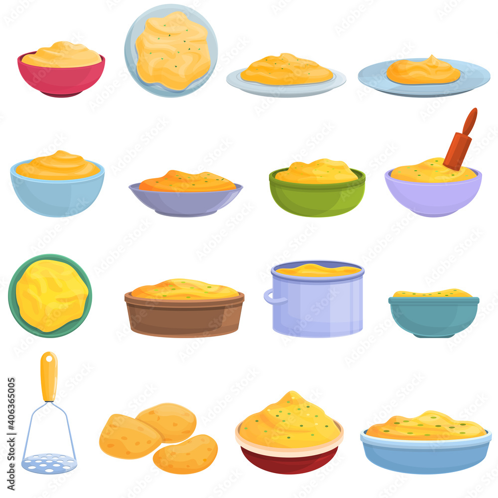 Aufkleber mashed potatoes icons set. cartoon set of mashed potatoes vector icons for web design