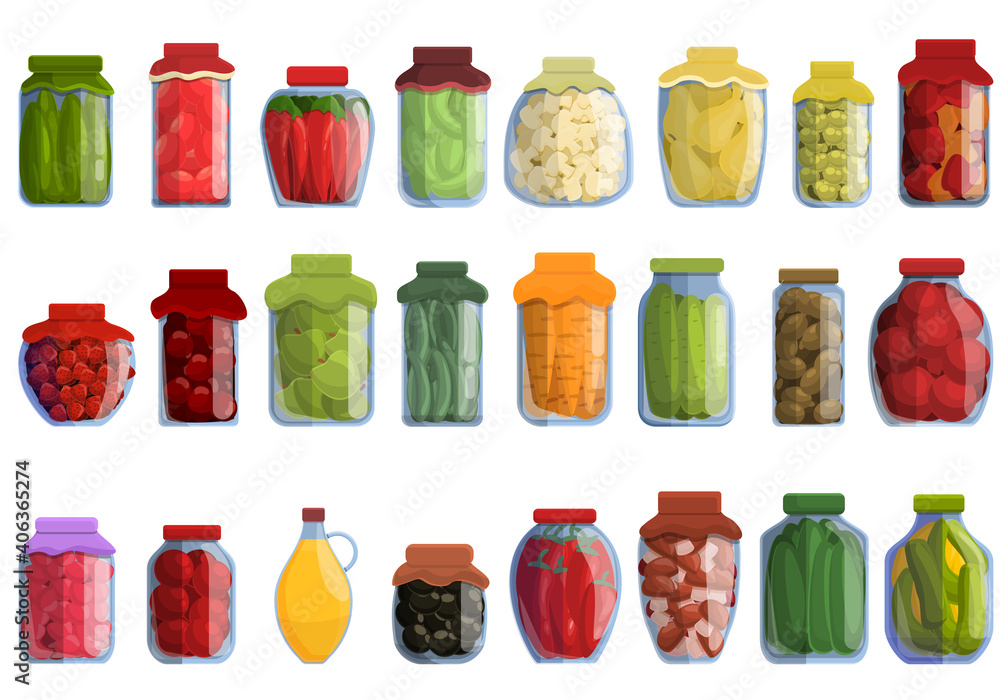 Poster pickled products icons set. cartoon set of pickled products vector icons for web design