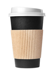 Black takeaway paper coffee cup with cardboard sleeve isolated on white
