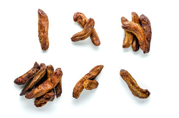 Dried bananas isolated on white background. Top view.