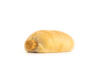 Bread with Sausage on white background. One sausage bread isolated picture. Homemade bakery concept.