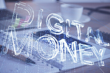 Double exposure of blockchain theme drawing and cell phone background. Concept of cryptomarket