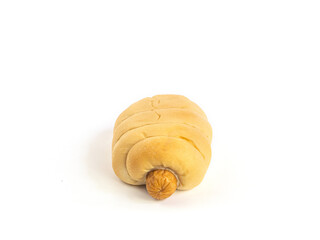 Bread with Sausage on white background. One sausage bread isolated picture. Homemade bakery concept.