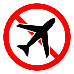Fototapeta premium Stop or ban red round sign with airplane icon. No flights. Flights banned