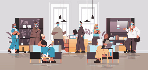 mix race businesspeople in masks working and talking together in coworking center business meeting teamwork concept modern office interior horizontal full length vector illustration