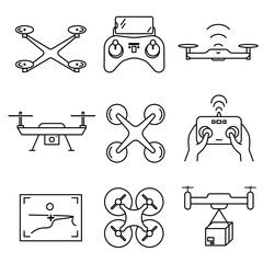Drone icons set. Flat pictogram for web. Line stroke. Isolated on white background. Vector eps10