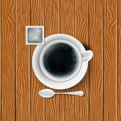White realistic coffee cup with smoke isolated on wood background.