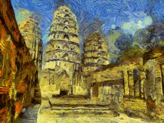 Ancient thai architecture landscape Illustrations creates an impressionist style of painting.