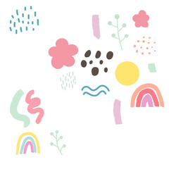 Set of abstract hand drawn shapes, flowers, floral and nature elements. Flat modern artistic, minimalist design. Decorative isolated vector illustrations for textile, prints, patterns.