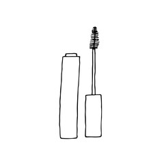 Mascara. Cosmetics. Face and body care products. Vector hand-drawn doodle illustration. Black and white outline
