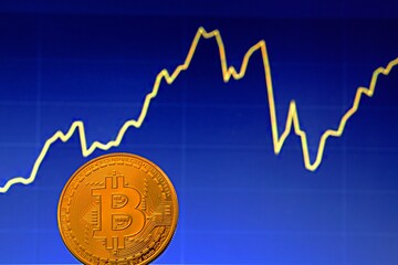 Bitcoin coin on the background of the stock chart. Virtual cryptocurrency concept.