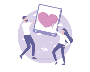 Woman take selfie and and man - new post on social media platform. Photography frame. Self-development. Vector illustration for telework, remote working and freelancing concept, business, start up.
