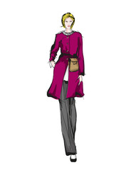 Young beautiful woman in winter clothes. Sale concept. Hand-drawn fashion illustration