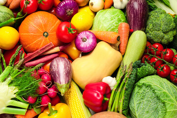 Many fresh vegetables as background, top view