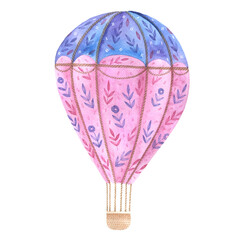 Flying balloon with a wicker basket. Watercolor drawing on a white background.