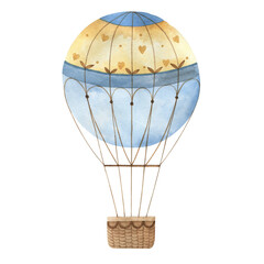 Flying balloon with a wicker basket. Watercolor drawing on a white background.