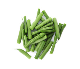 Fresh green beans on white background, top view