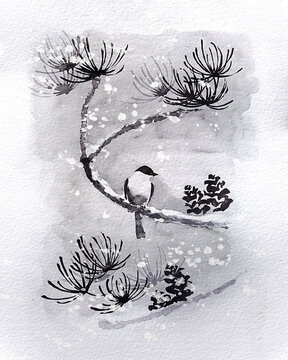 Small bird on a pine branch in a snowy forest. Traditional Japanese ink painting. Illustration.