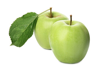 Fresh green apples with leaf isolated on white