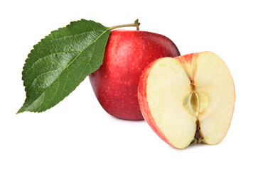 Fresh red cut and whole apples isolated on white