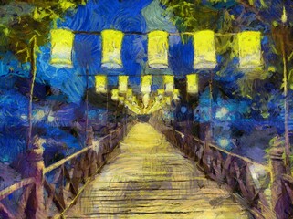 Wooden bridge and ancient lanterns at night Illustrations creates an impressionist style of painting.