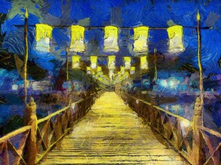Wooden bridge and ancient lanterns at night Illustrations creates an impressionist style of painting.