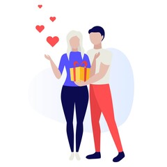 Happy young couple. Loving couple during date, romantic, hugging, kiss. Valentine's Day love and feelings. Human characters on white background. Color vector illustration