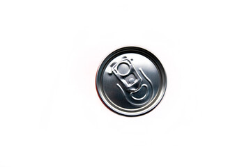 Aluminum can on a white background, with water drops, top view.