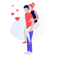 Happy young couple. Loving couple during date, romantic, hugging, kiss. Valentine's Day love and feelings. Human characters on white background. Color vector illustration
