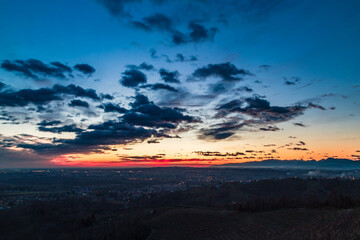Colorful sunset in the italian vineyards