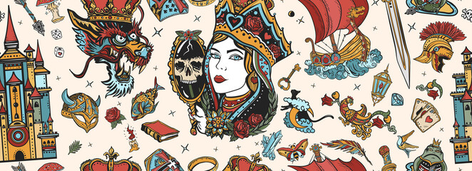 Fairy tales seamless pattern. Middle Ages magic legends. Fantasy background. Medieval castle, queen in the golden crown, dragon, knight, viking boat, sword and princess frog. Old school tattoo art