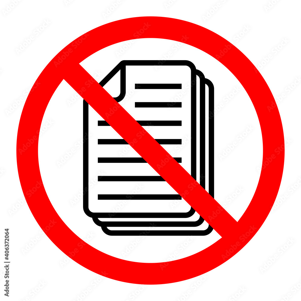 Poster stop or ban red round sign with document icon. vector forbidden sign.